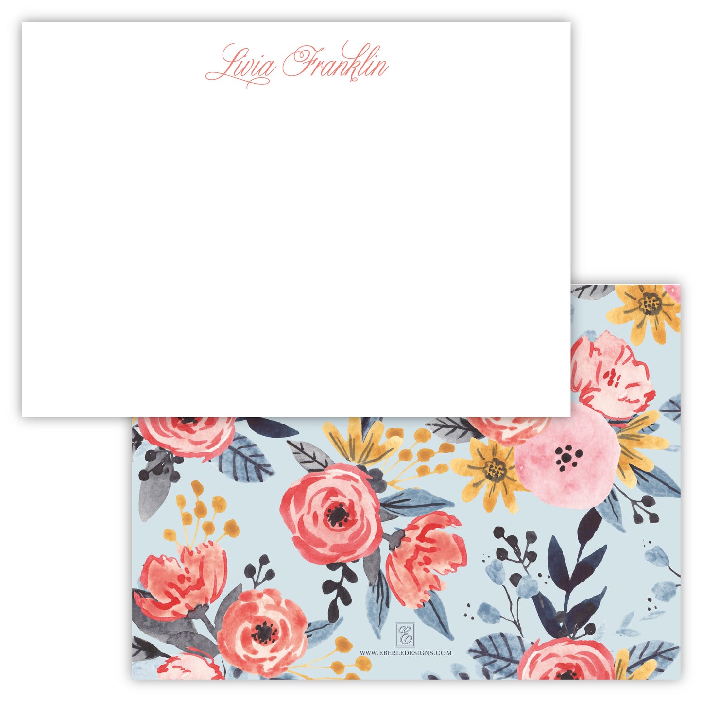 Livia Blue and Coral Floral Note Card